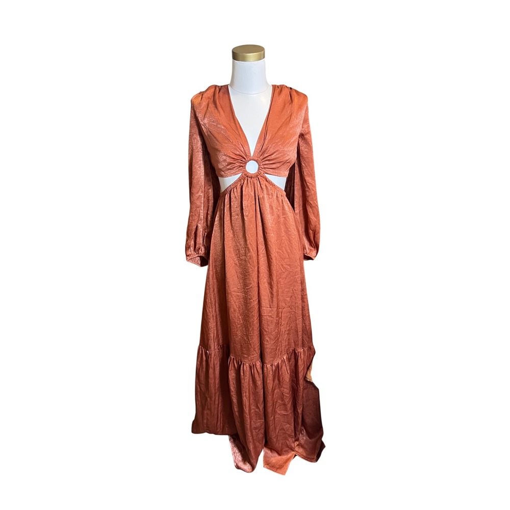 Altar'd State Terracotta Satin Cutout Maxi Dress O-Ring V-Neck Rust Orange M